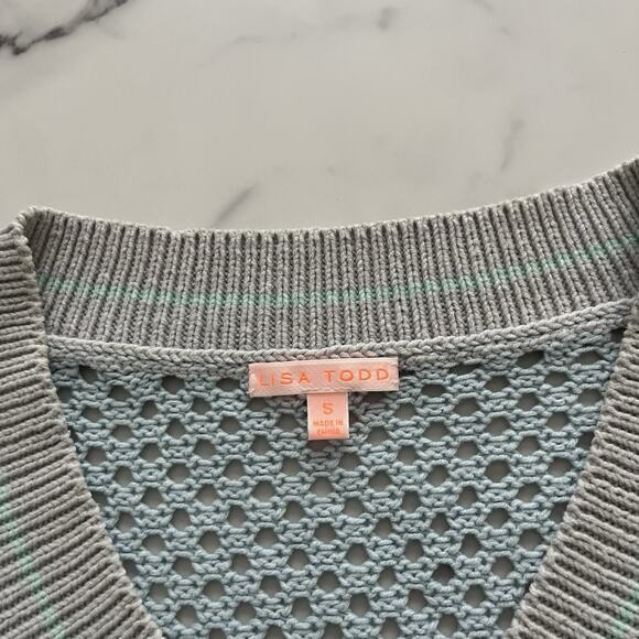 Lisa Todd open knit varsity sweater Blue Sz S Tennis Prep coastal chic pullover - Picture 3 of 9